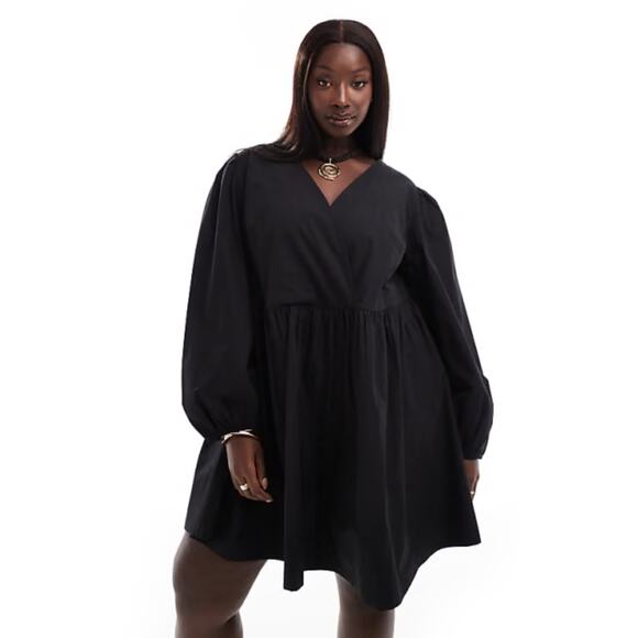 ASOS DESIGN Curve cotton v-neck mini smock dress in black Size 8 - Picture 9 of 9